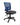 A modern office task chair with a blue mesh backrest, a black fabric upholstered seat, and a black five-star wheeled base.